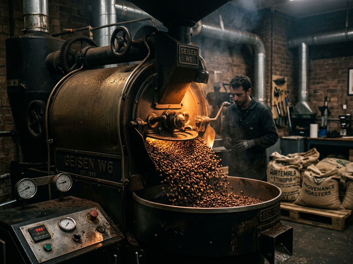 Coffee roaster drum glowing with roasted beans